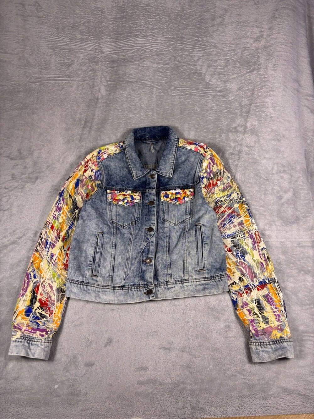 Free People Jacket Womens S Blue Long Sleeve Acid Wash Hand Painted Style